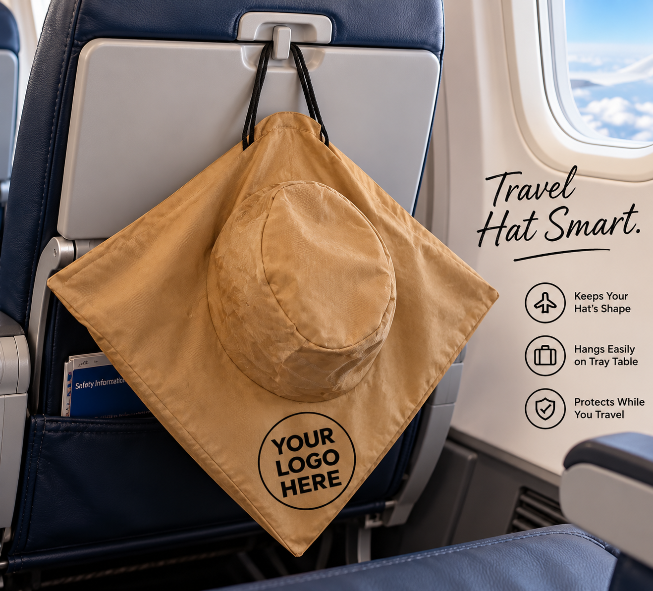 Branded hat travel bag hanging on airplane tray table — Travel Hat Smart