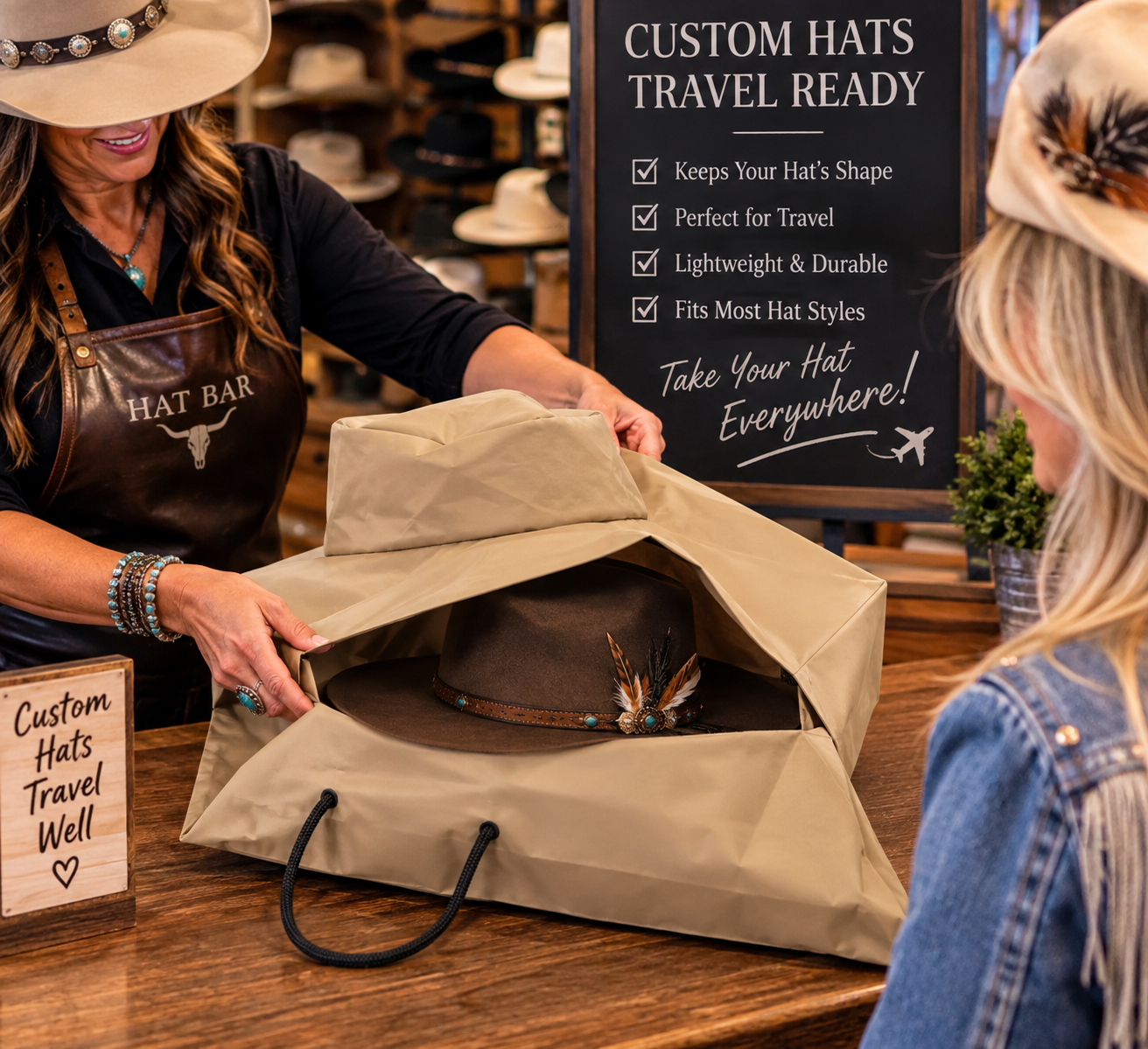 Hat bar staff showing customer the custom hat travel bag in use